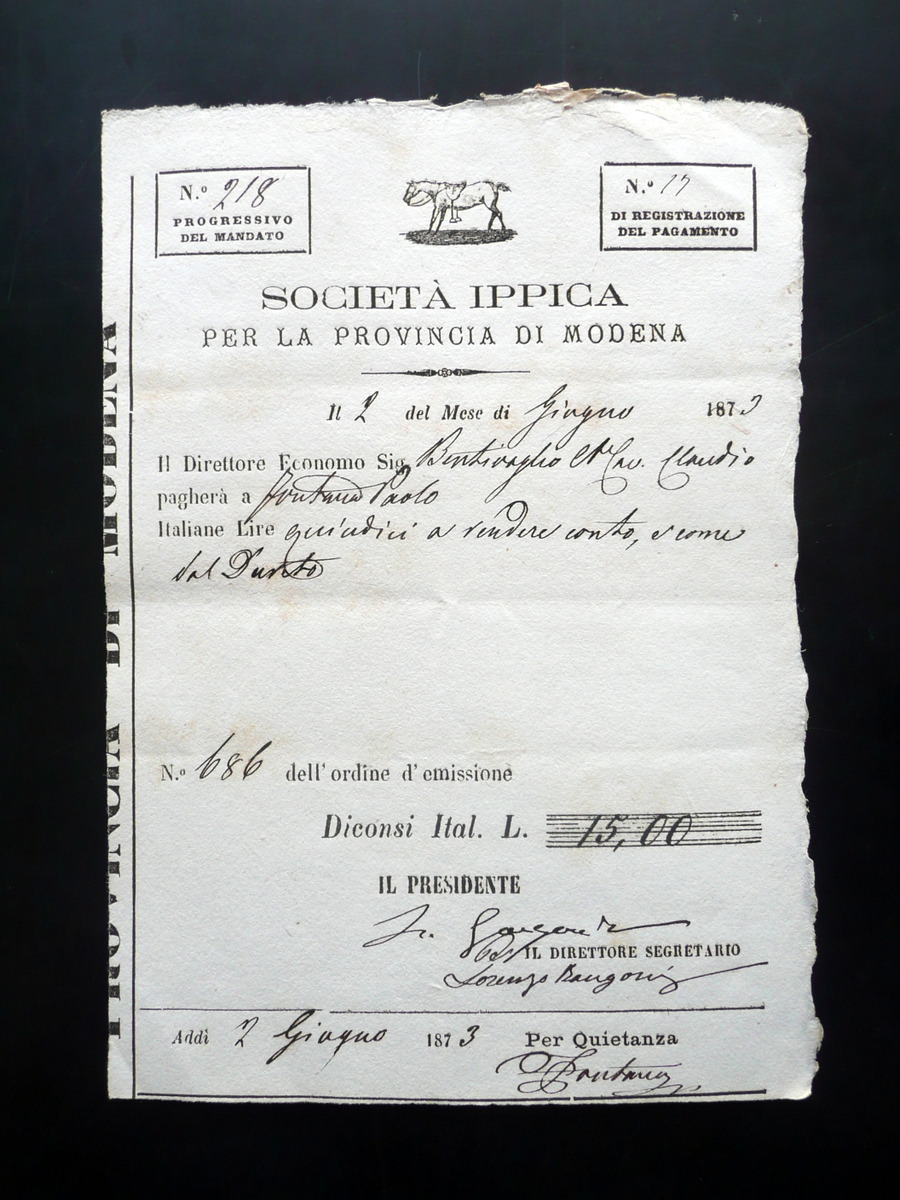 Societ‡ Ippica per la Provincia di Modena Ricevuta Lire 15 …