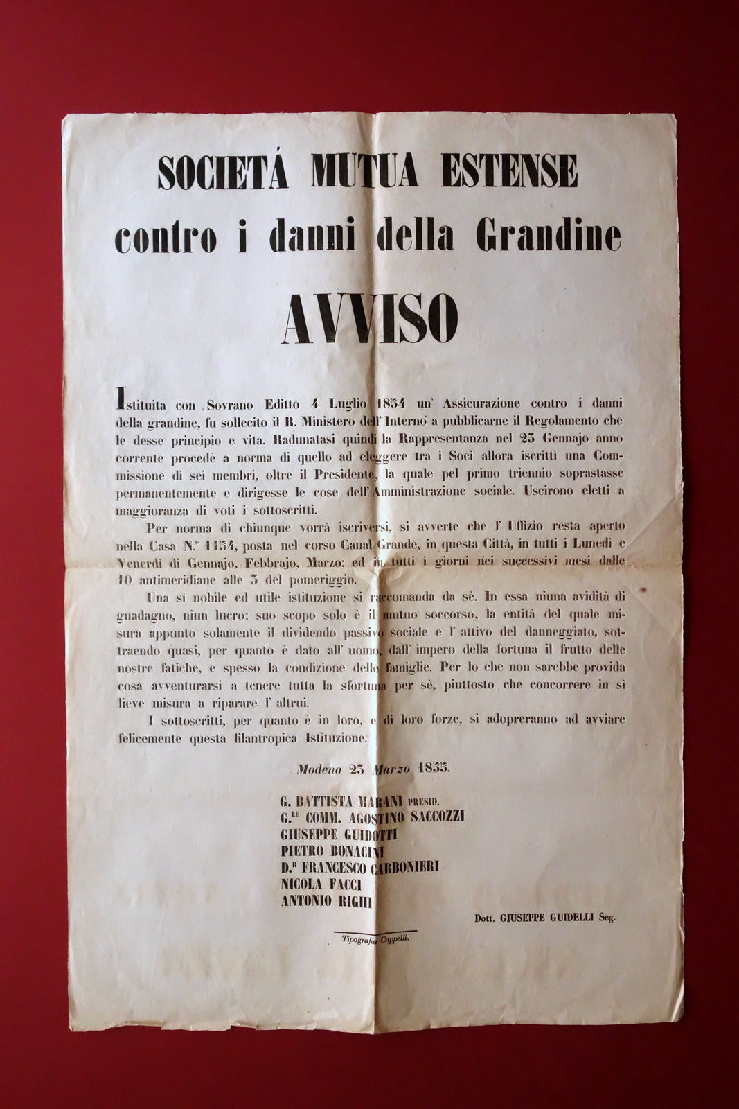 Società Mutua Estense contro Danni della Grandine Avviso Manifesto Modena …