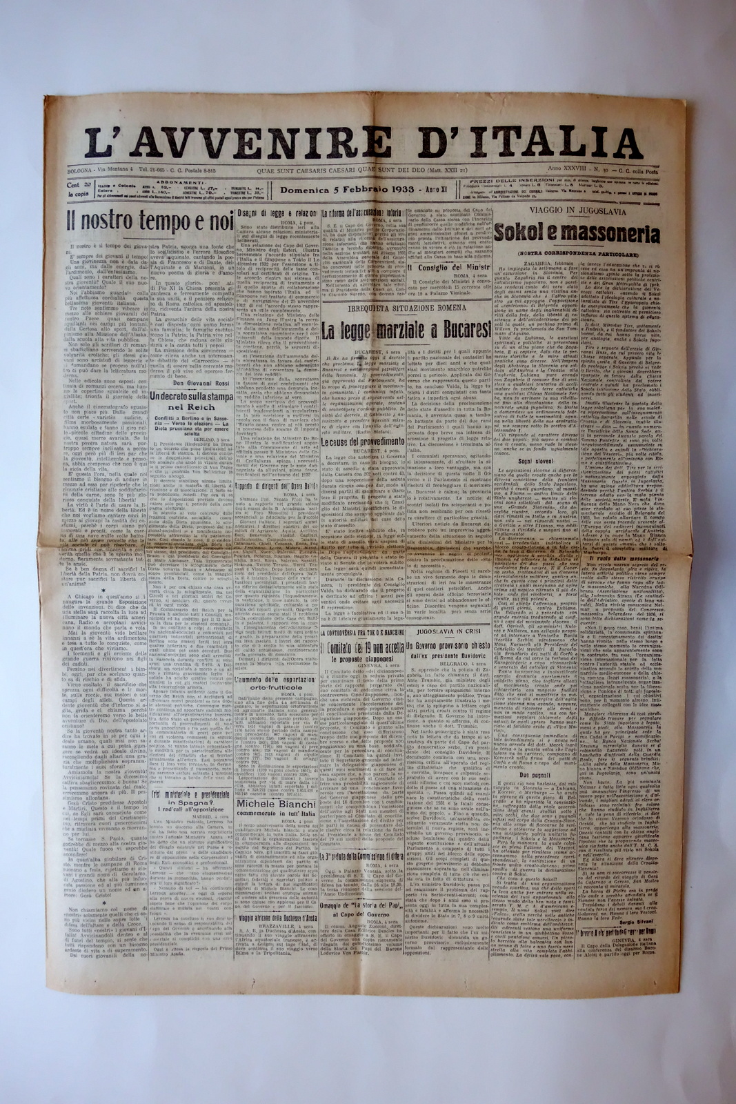 Sokol e Massoneria Avvenire d'Italia Bologna 5/2/1933 Completo