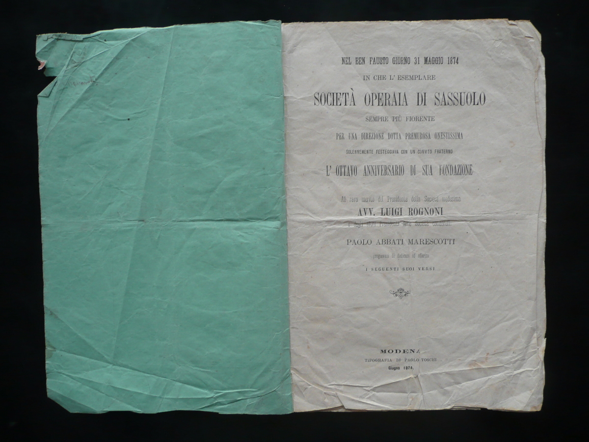 Sonetto Abbati Marescotti Soc. Operaia Sassuolo 8∞ Anniversario Fondazione 1874