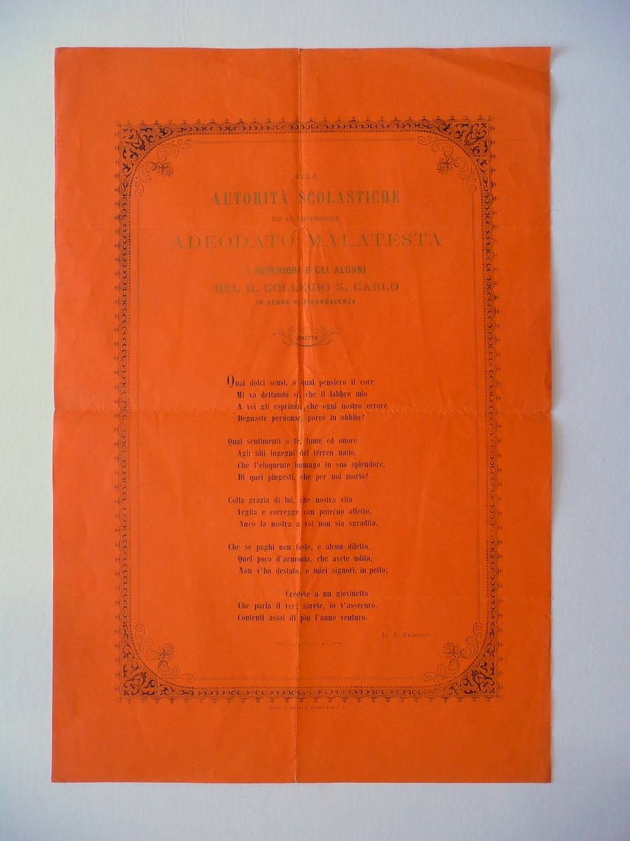 Sonetto Adeodato Malatesta Collegio San Carlo Modena Dedica 1873 Reggiani