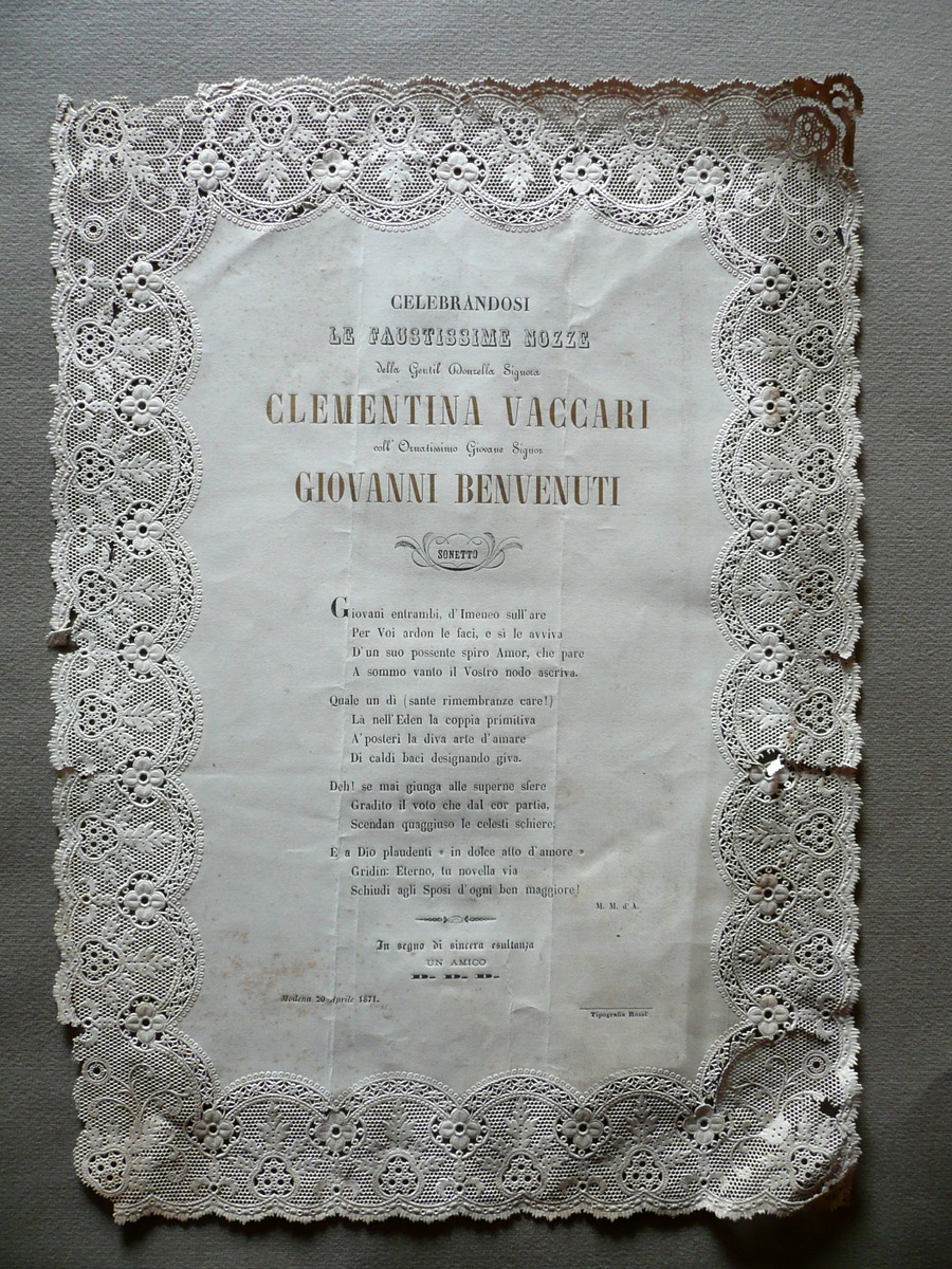 Sonetto Nozze Clementina Vaccari Giovanni Benvenuti Modena 1871 Traforato