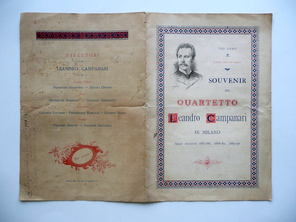 Souvenir Quartetto Leandro Campanari Milano 20 Concerti Pubblici 1887-90 Musica