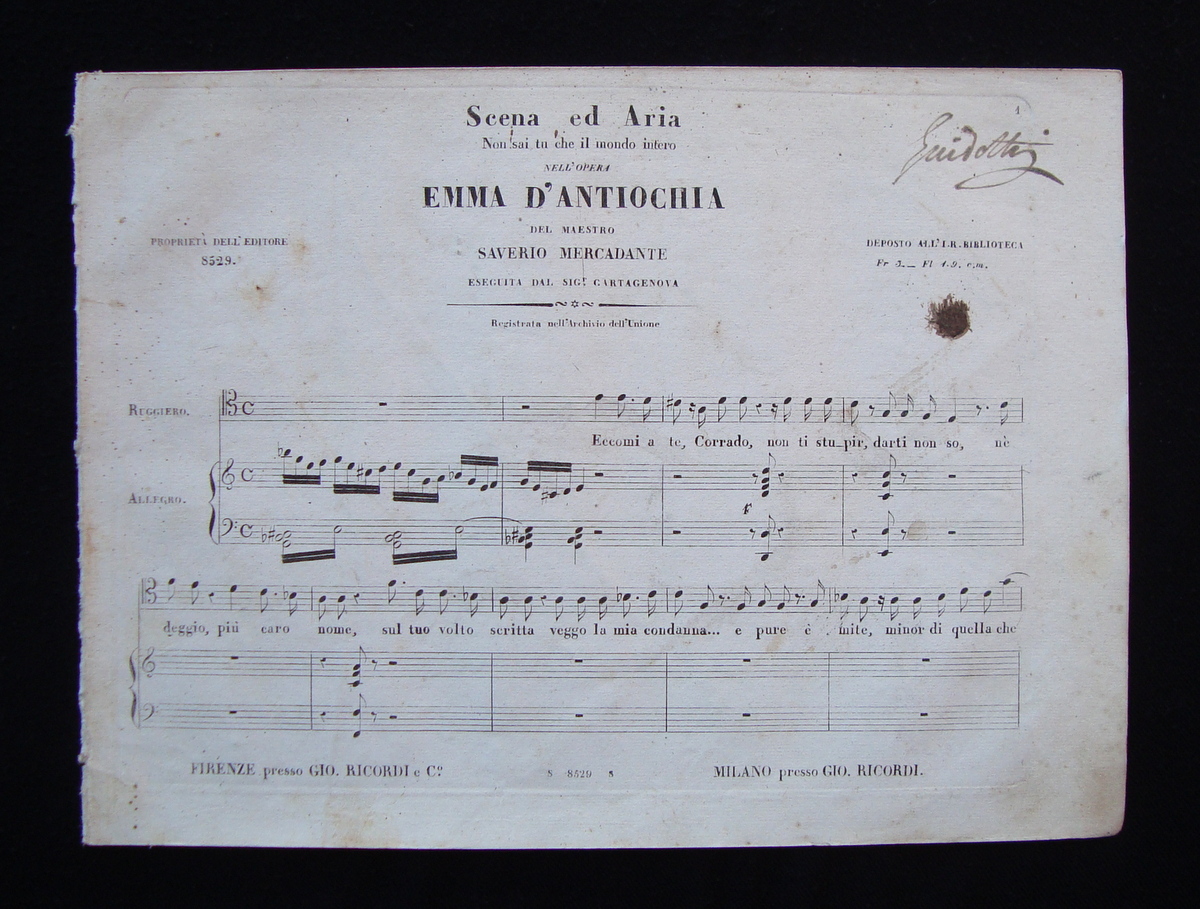 Spartito Emma D'Antiochia Mercadante Cartagenova Ricordi 1860 ca
