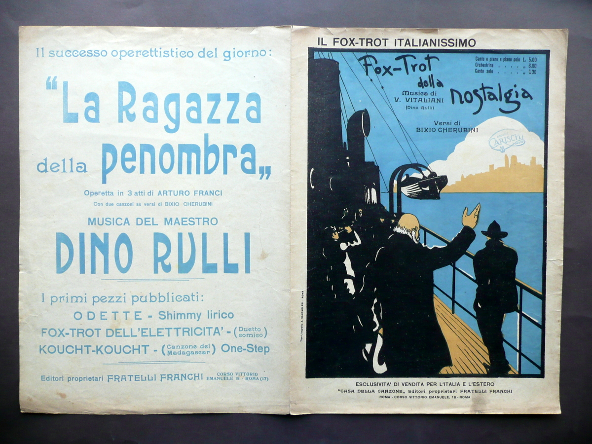 Spartito Fox Trot della Nostalgia V. Vitaliani Cherubini Roma 1923 …