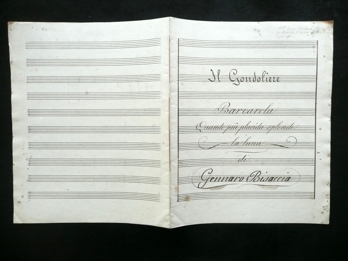 Spartito Manoscritto Il Gondoliere Barcarola G. Bisaccia Voce Baritono Autografo