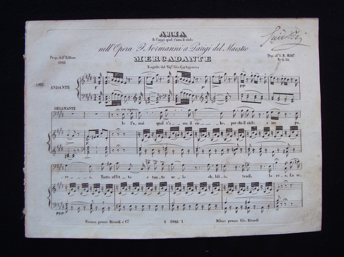 Spartito Mercadante I Normanni a Parigi Cartagenova 1850 ca Ricordi