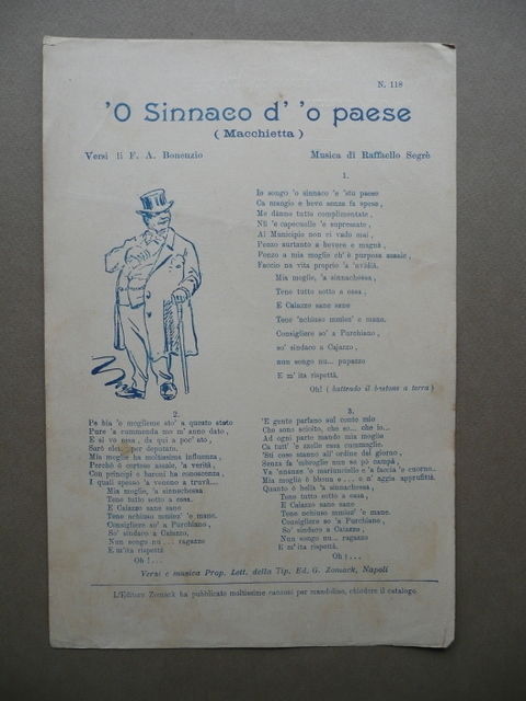 Spartito O Sinnaco Paese Macchietta SegrË Bonenzio Zomack Napoli Musica