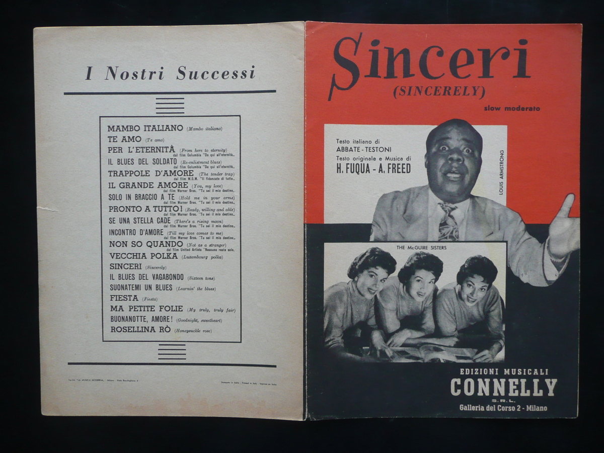 Spartito Sinceri Sincerely Louis Armstrong McGuire Sisters Connelly Milano 1956