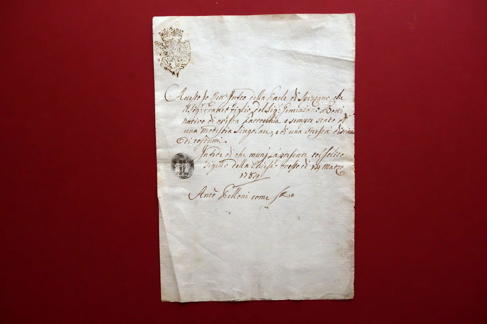 Spezzano Modena Certificato Parrocchiale di Buona Condotta 1784