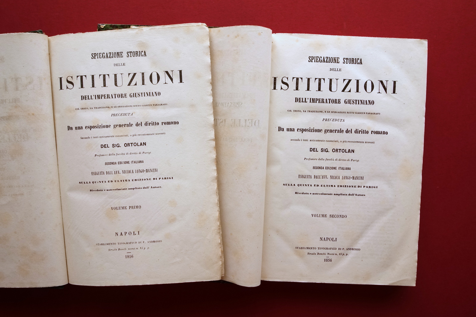 Spiegazione Storica Istituzioni dell'Imperatore Giustiniano 1856 Napoli 2 Volumi