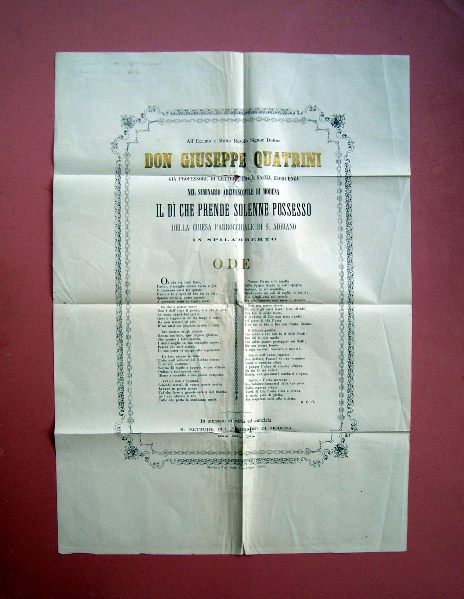 Spilamberto Modena Don Giuseppe Quatrini Parrocchia S. Adriano 1880 Manifesto
