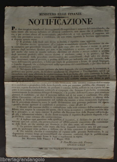 Stato Pontificio Notificazione Contrabbando Pene Repressione Confisca Roma 1850