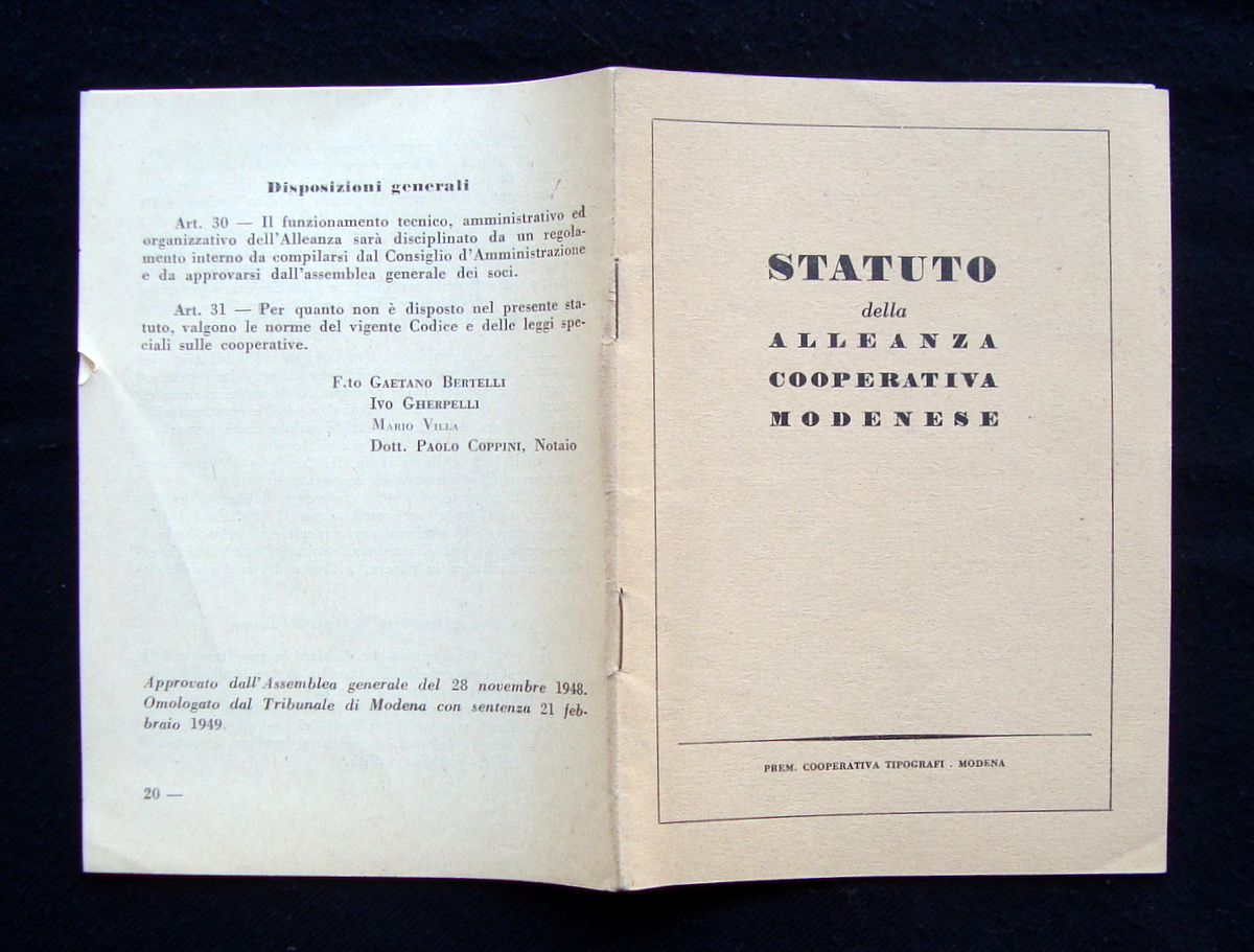 Statuto Alleanza Cooperativa Modenese 1948 -49