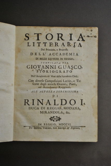 Storia Litteraria Accedemia Muti Belle Lettere Reggio Guasco Storiografo 1711