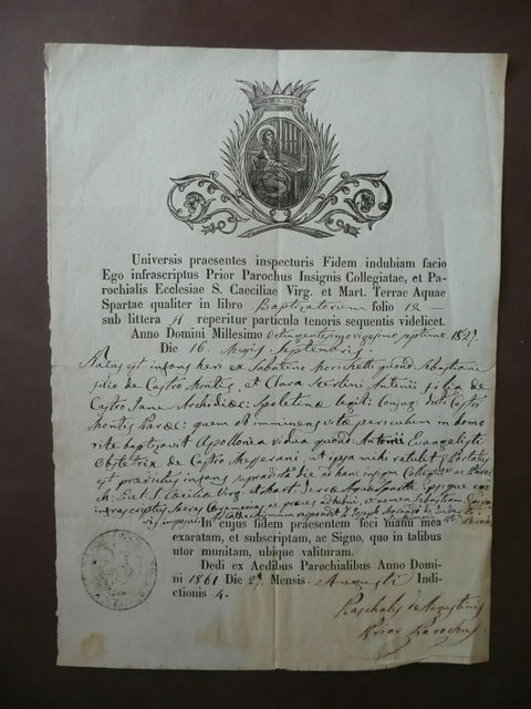 Storia Locale S. Cecilia xilografia Aquae Spartae Spoleto Fede Battesimo …