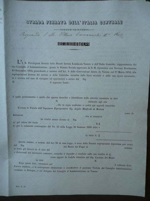 Strada Ferrata Italia Centrale Lombardo Veneta 1860 Requisizione Forzosa Reggio