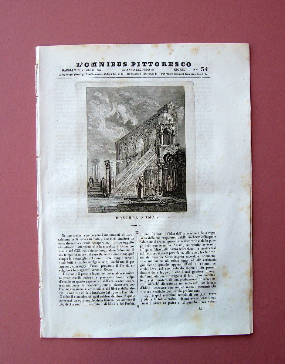 Stromboli incisione + articolo Rivista L'Ombibus Pittoresco N 34 Napoli …