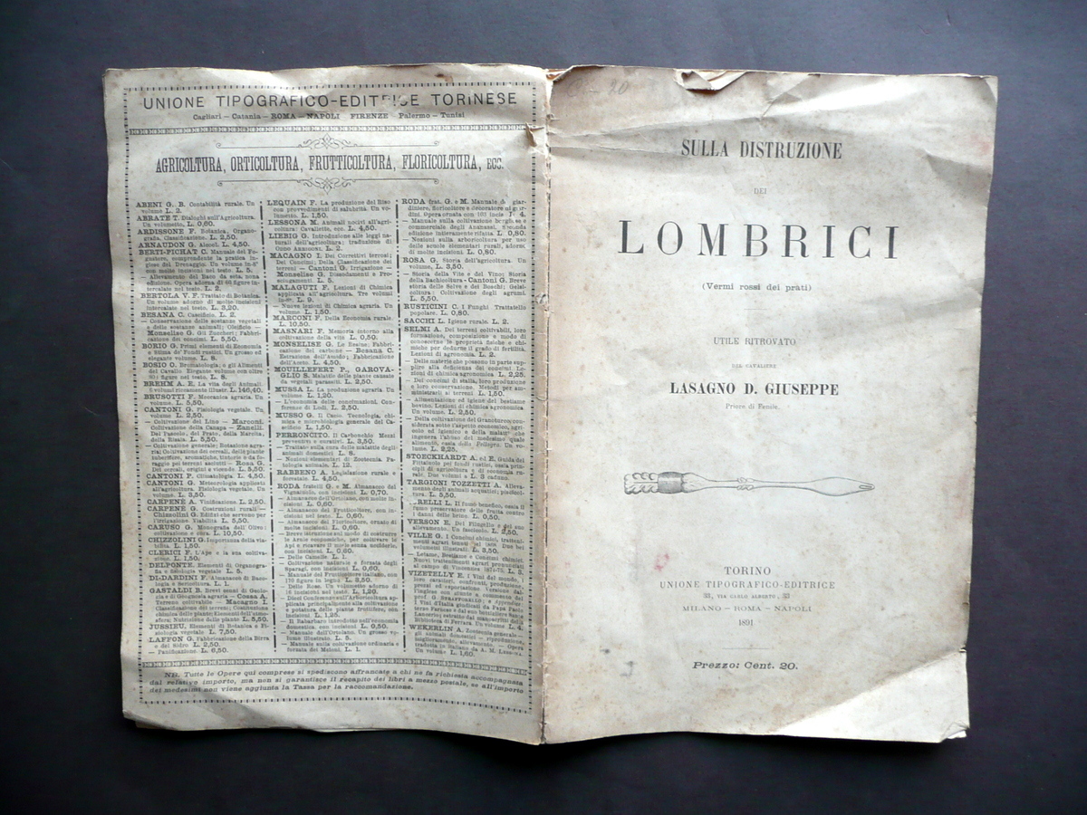 Sulla Distruzione dei Lombrici Lasagno Giuseppe UTET Torino 1891 Zoologia …