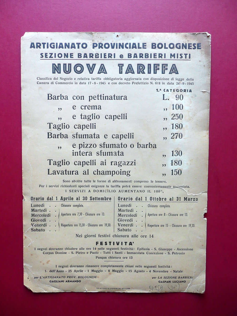 Tariffario Artigianato Provinciale Bolognese Barbieri Barbieri Misti Prezzi 1946