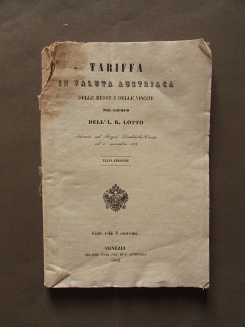 Tariffario Valuta Austriaca Messe Vincite Gioco Lotto Venezia 1863