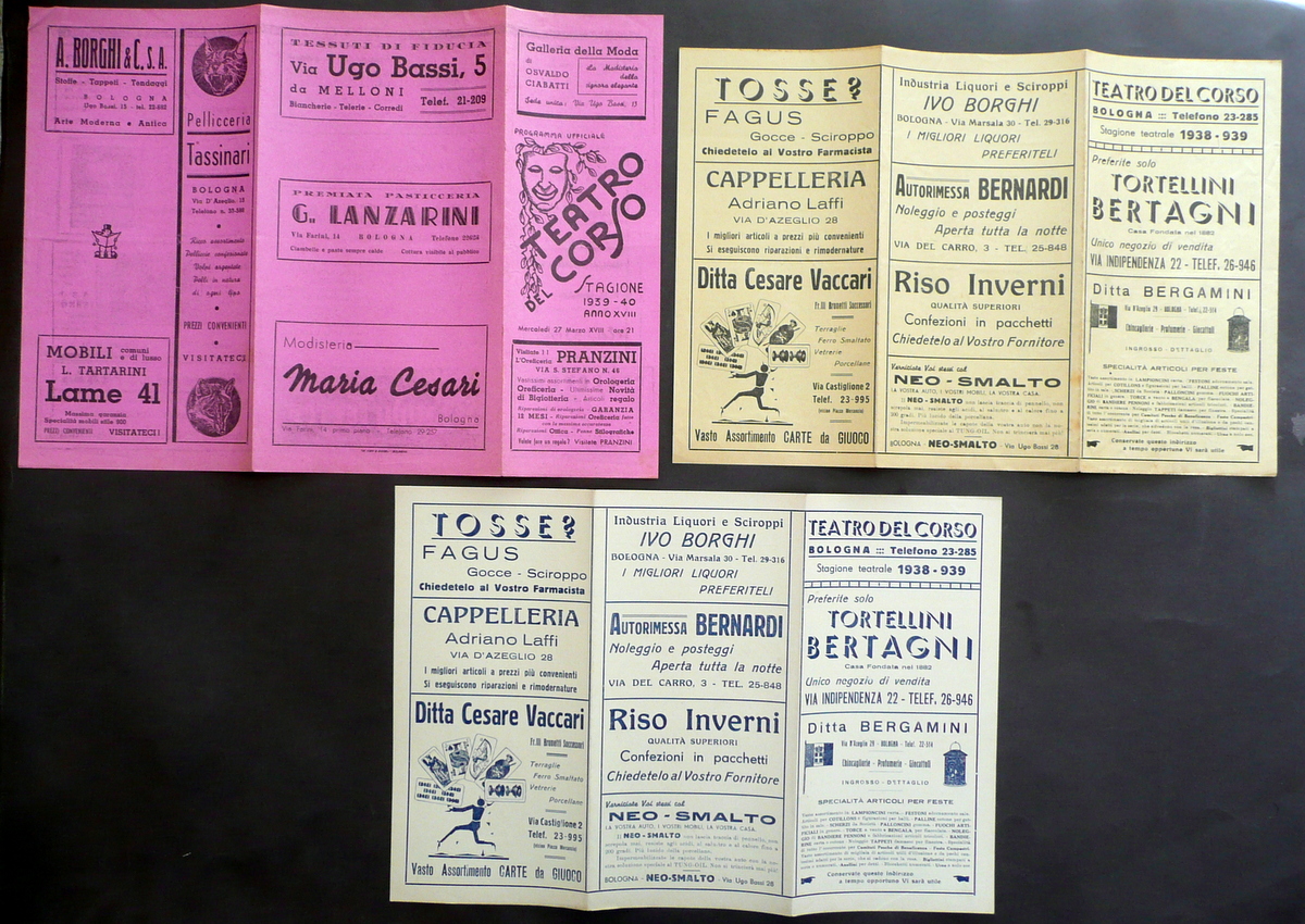 Teatro del Corso Bologna 1938-40 Tre Programmi Pieghevoli Spettacoli