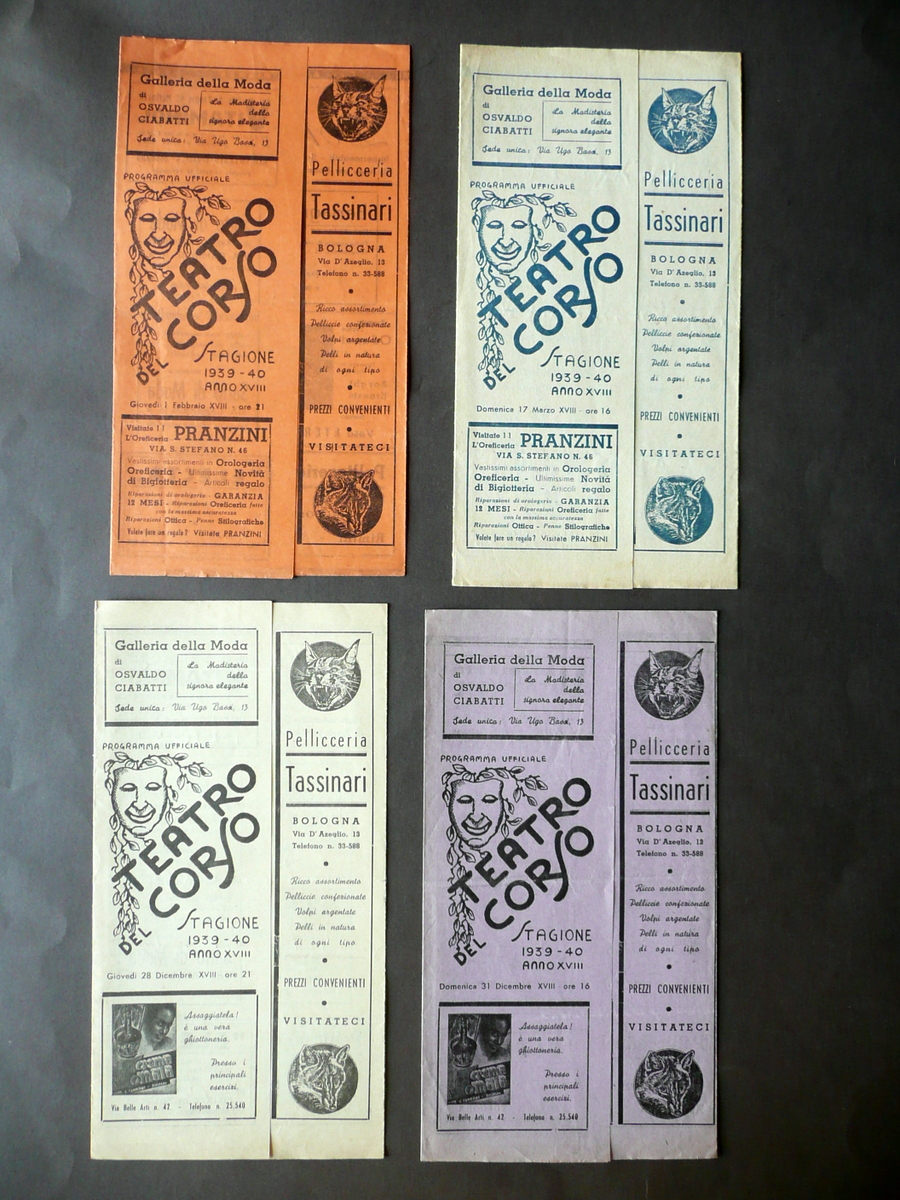 Teatro del Corso Bologna Stagione 1939-40 Quattro Programmi Spettacoli