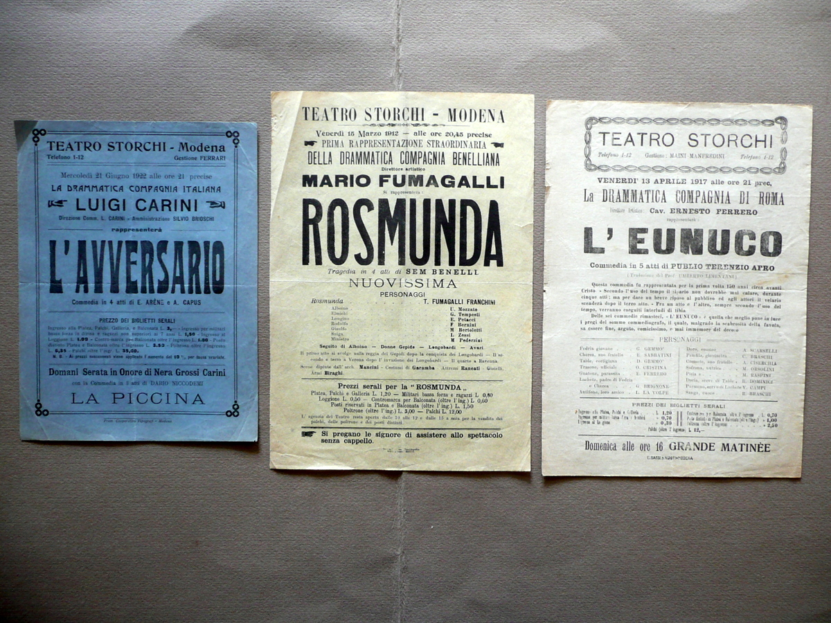 Teatro Storchi Modena L'Eunuco Rosmunda L'Avversario Tre Fogli Volanti '900