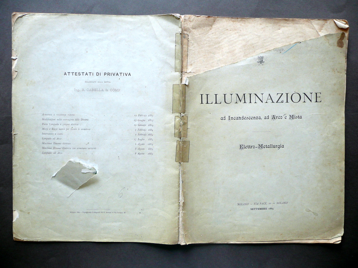 Tecnomasio Italiano Cabella Illuminazione Incandescenza Lampadine Dinamo 1885