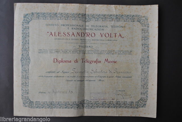 Telegrafo Telegrafisti Diploma Telegrafia Morse Istituto Volta Palermo 1932