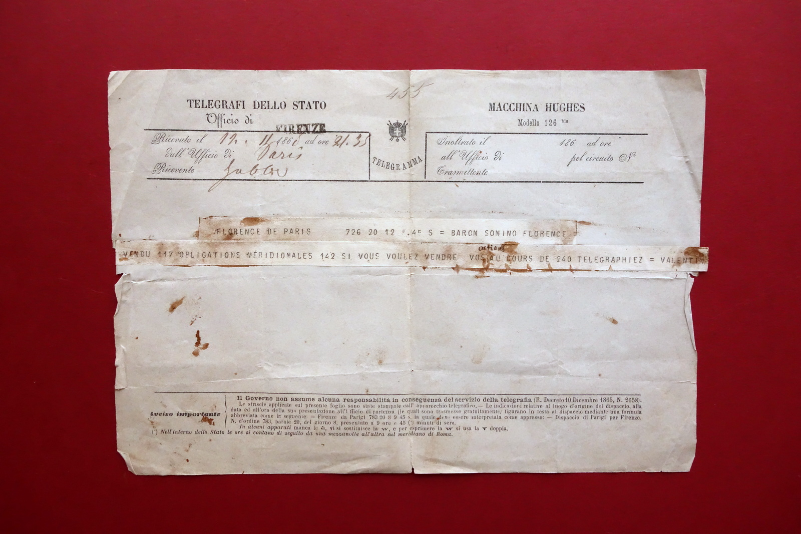 Telegramma Telegrafi dello Stato Macchina Hughes Modello 126 bis Firenze …