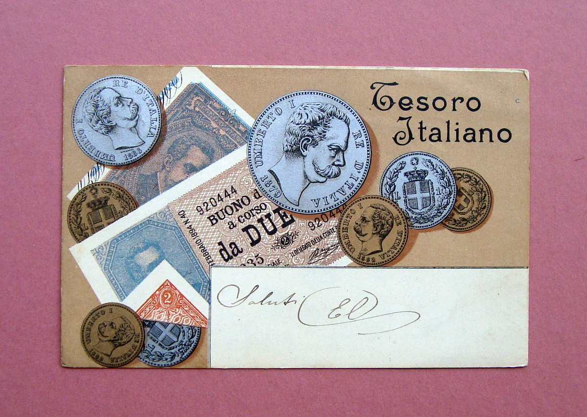 Tesoro Italiano Ottima Cartolina illustrata VG Carpi 1900 monete Umberto …