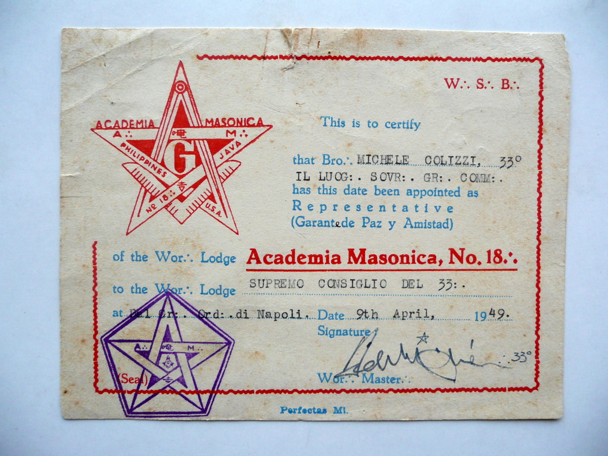 Tessera Academia Masonica Numero 18 Napoli 9 Aprile 1949 Massoneria