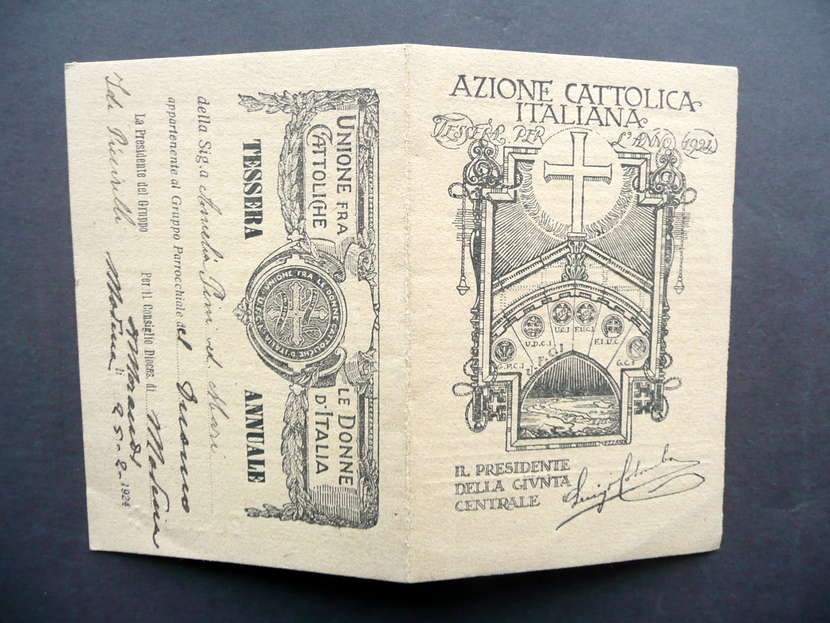 Tessera Azione Cattolica Italiana Anno 1924 Unione Donne Cattoliche Mezzana