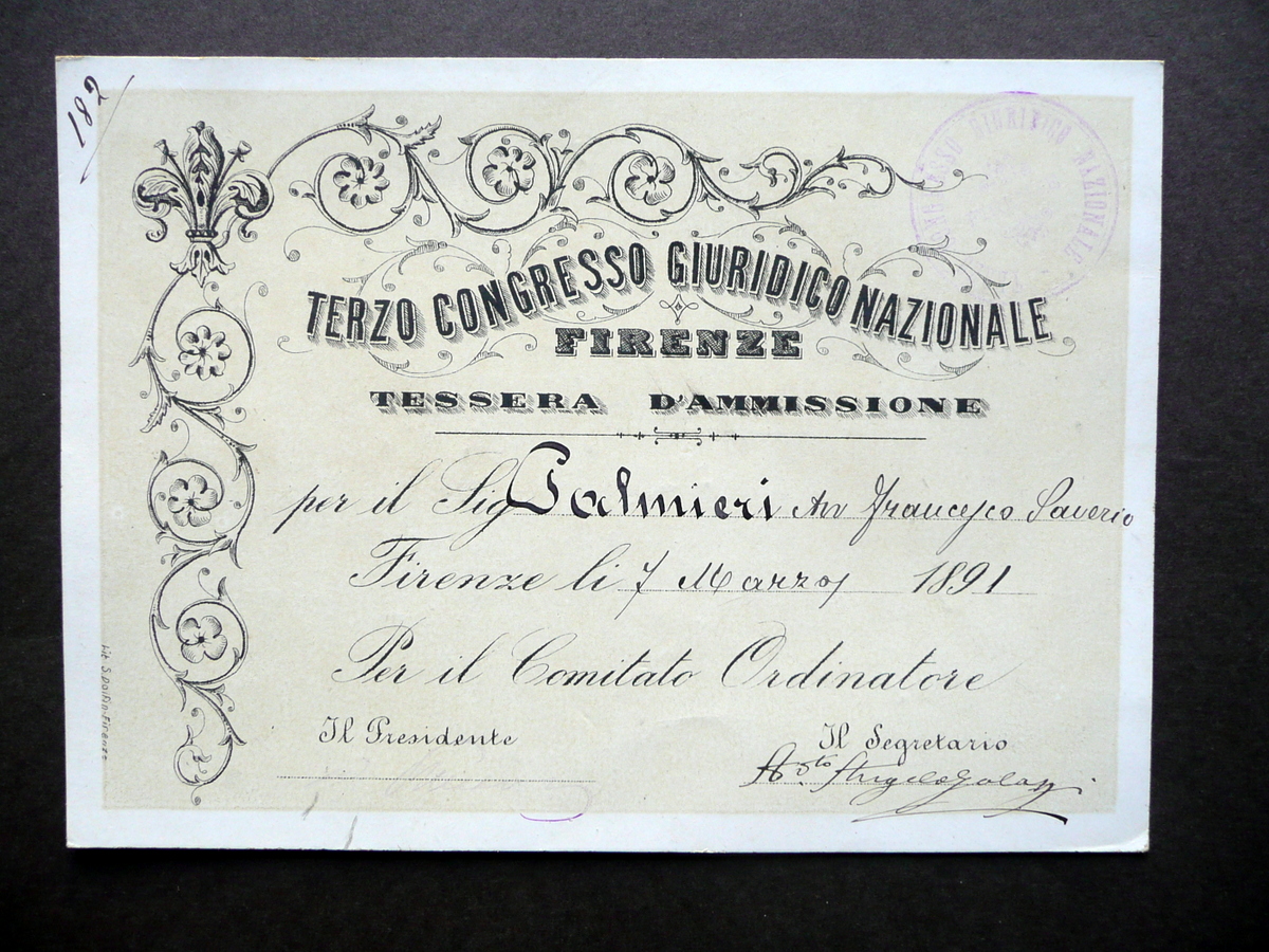 Tessera d'Ammissione Terzo Congresso Giuridico Nazionale Firenze 1891 Palmieri