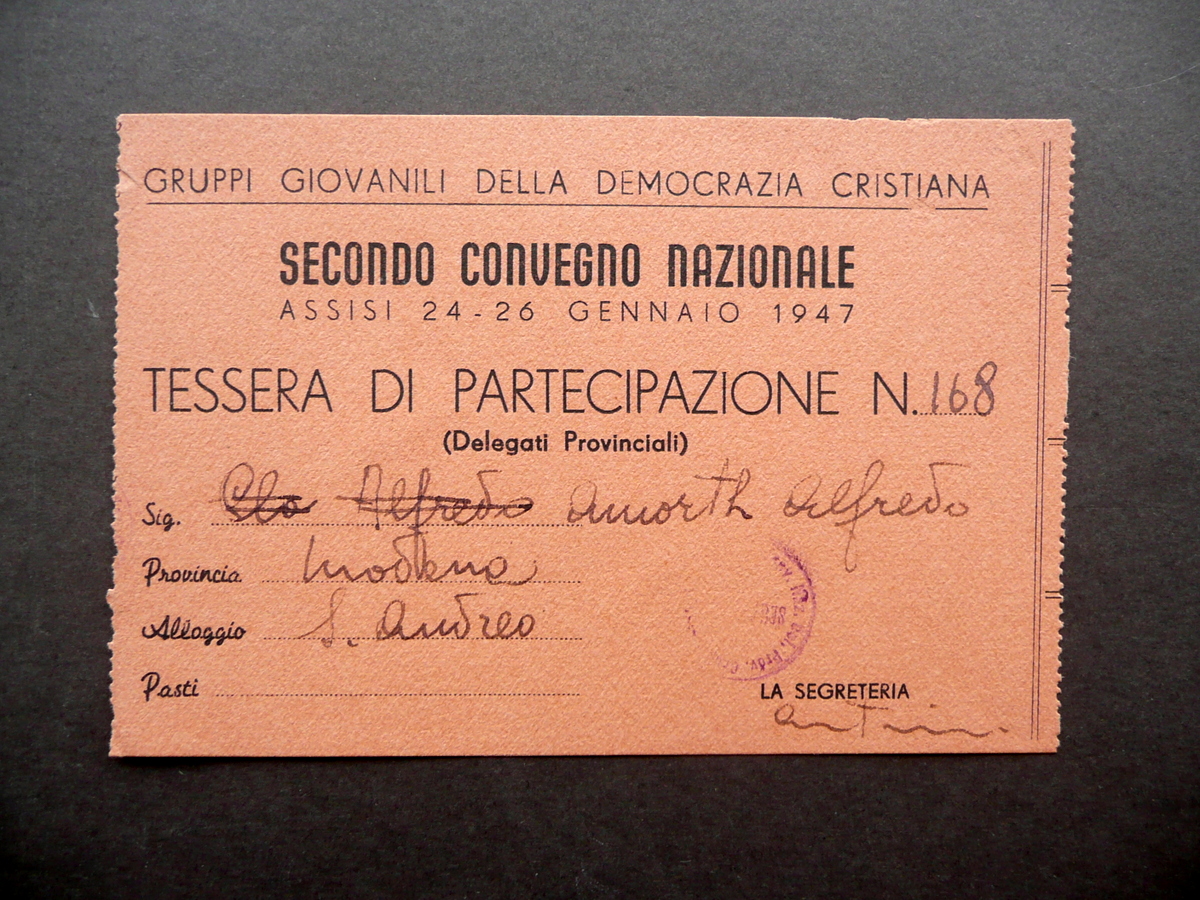 Tessera Gruppi Giovanili Democrazia Cristiana 2∞ Convegno Nazionale Assisi 1947