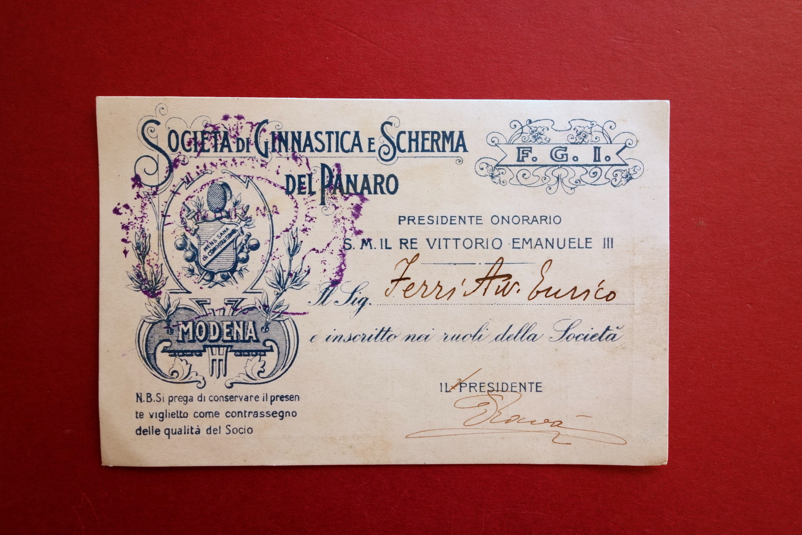 Tessera Societ‡ Ginnastica e Scherma Panaro Modena Enrico Ferri 1925