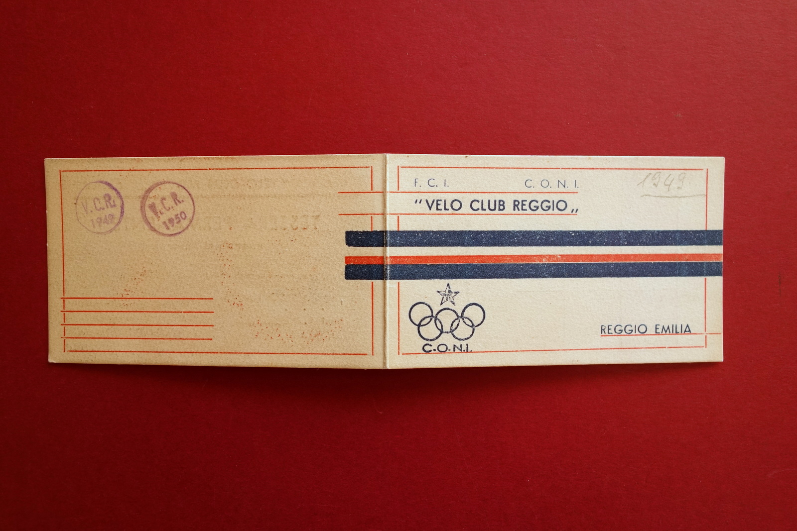 Tessera Velo Club Reggio Emilia CONI 1949 Sport