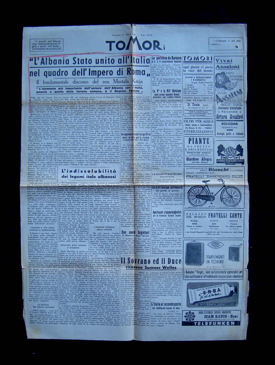 Tomori quotidiano 17 marzo 1940 Albania stato unito all'Italia