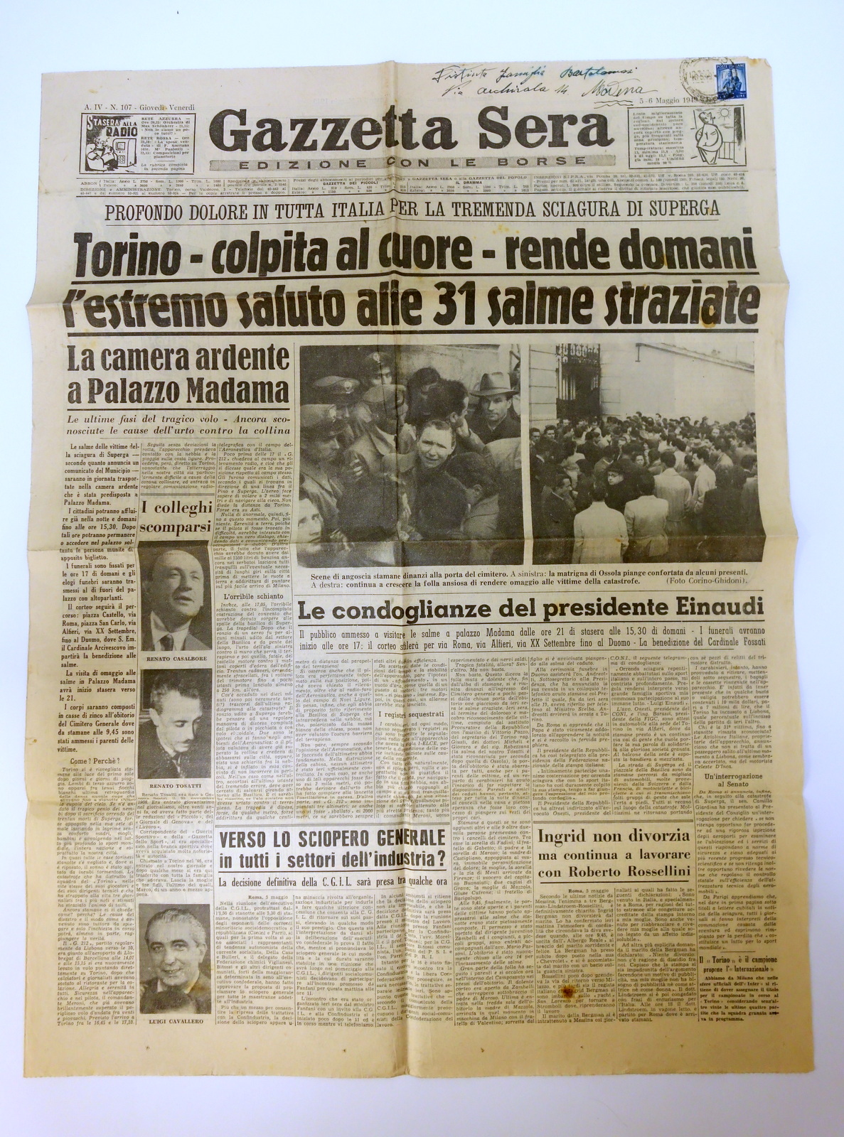 TORINO COLPITA AL CUORE SUPERGA GRANDE TORINO GAZZETTA SERA 5-6/5/1949 …