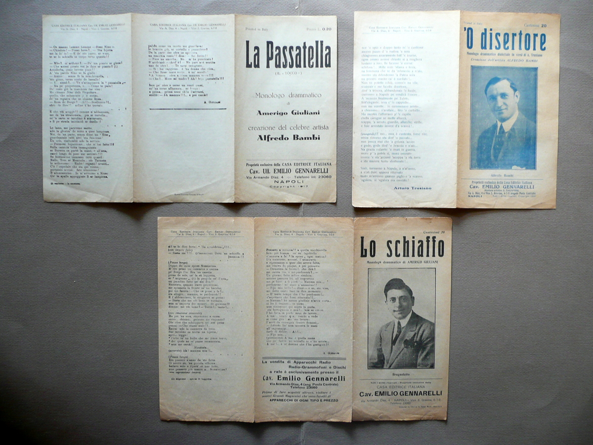 Tre Monologhi Amerigo Giuliani Alfredo Bambi Trusiano Dialetto Napoli 1917
