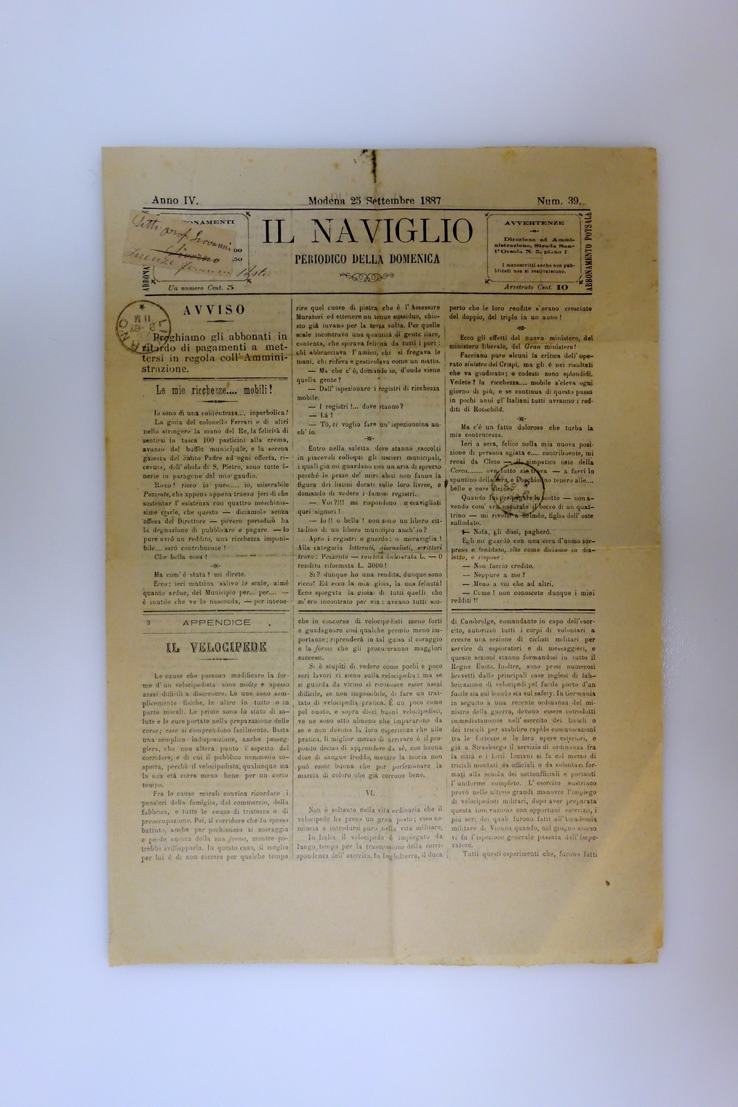 Trionfo del Velocipede Il Naviglio Periodico Modena 25/9/1887 Completo