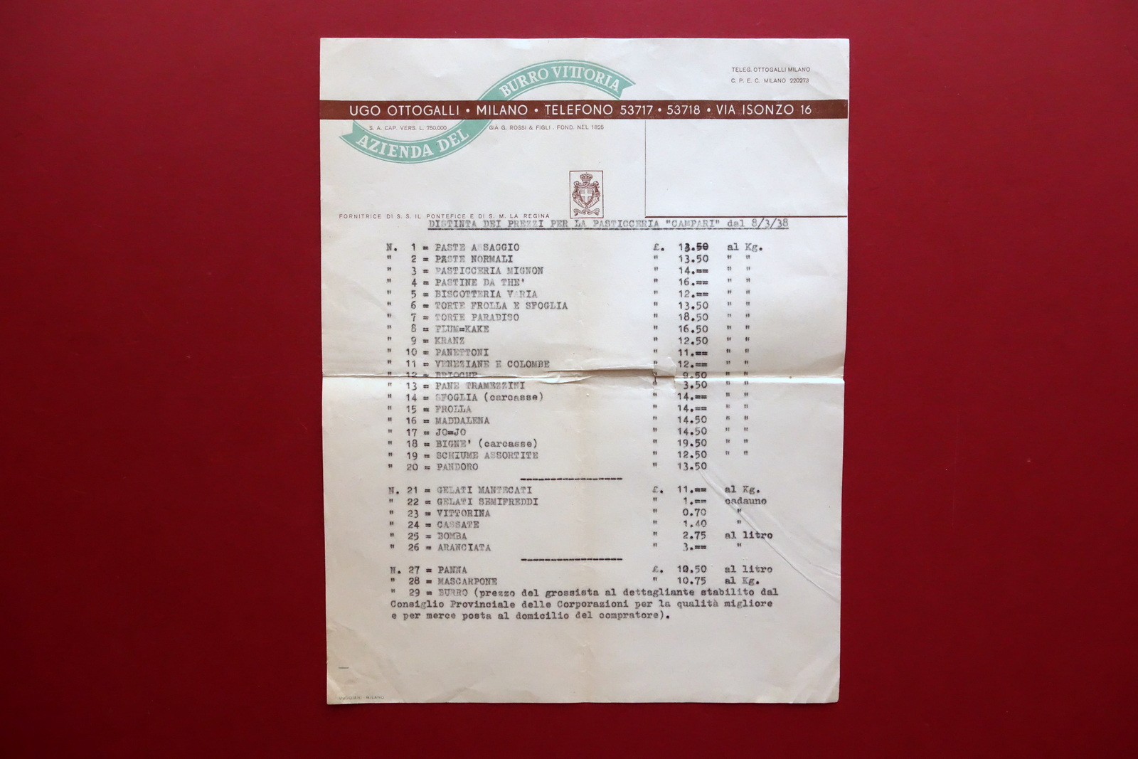 Ugo Ottogalli Milano Burro Vittoria Distinta Prezzi Pasticceria Campari 1938