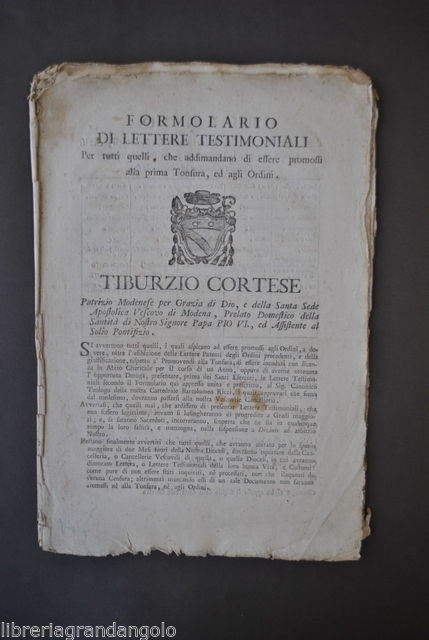 Vescovo Modena Tiburzio Cortese Ordinandi Sacerdozio Tonsura Ordini Norme 1790