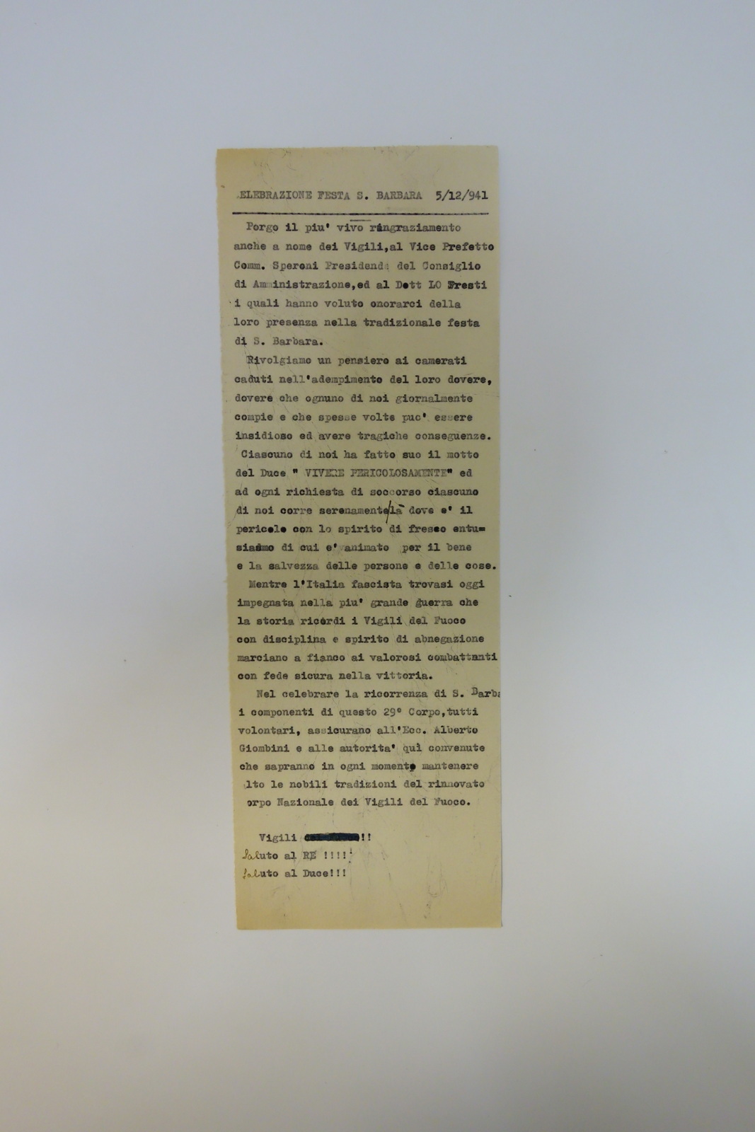Vigili del Fuoco Dattiloscritto Bozza Celebrazione Festa di S. Barbara …