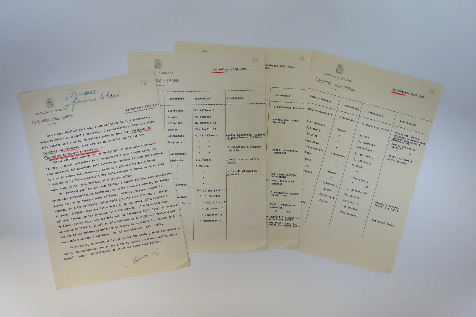 Vigili del Fuoco Modena Diffida Liquidi Infiammabili Elenco Rivendite 1936