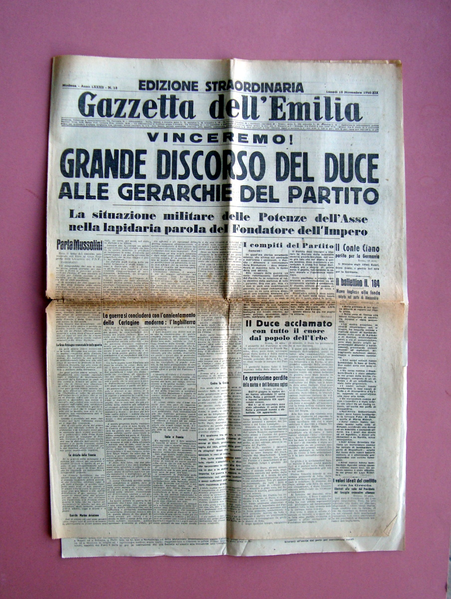 Vinceremo Grande Discorso del Duce Gazzetta dell'Emilia Ed. Straord. 18/11/1940