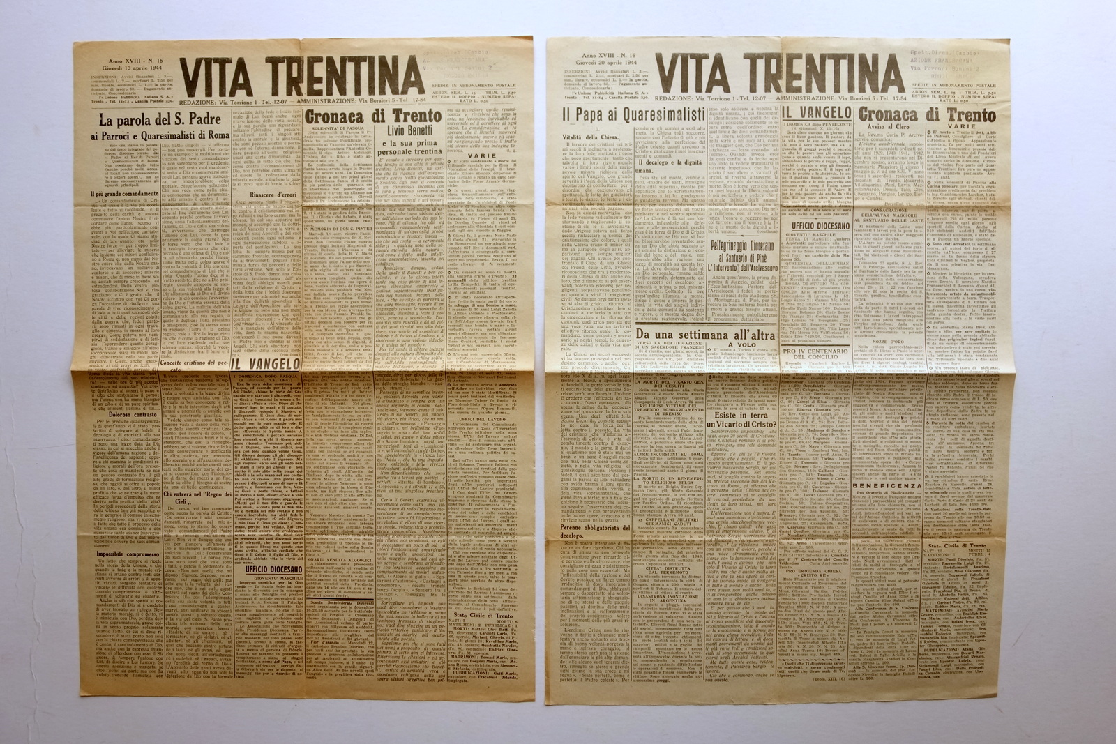 Vita Trentina Anno XVIII 2 Numeri 15 e 16 1944 …