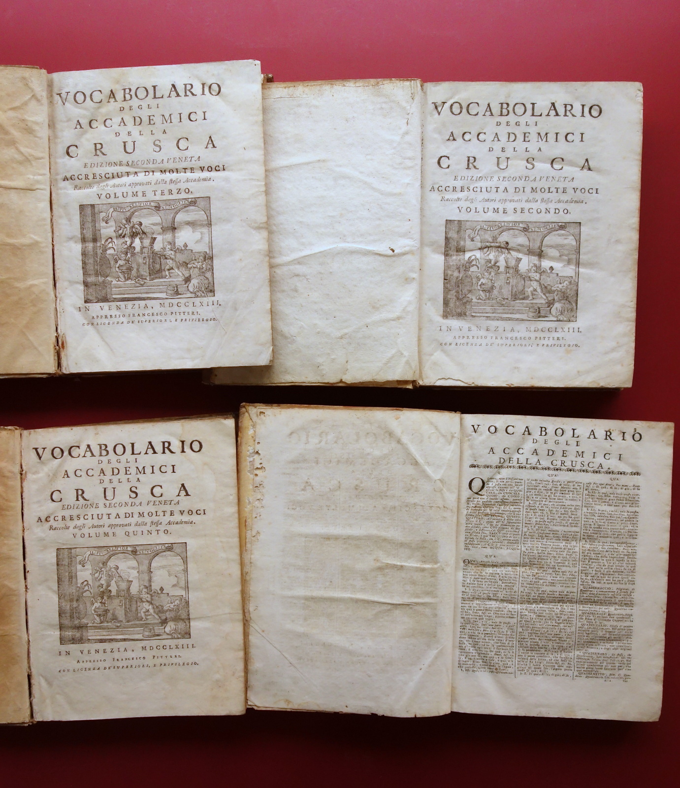 Vocabolario degli Accademici della Crusca Pitteri Venezia 1763 4 Volumi