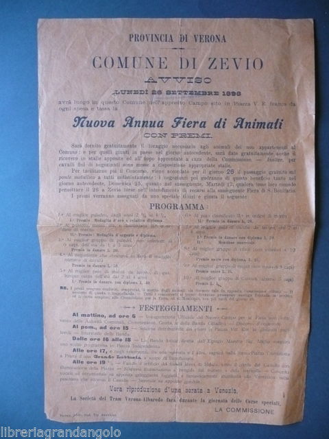 Volantino Avviso Zevio Verona Fiera Animali 1898 Mercati Festeggiamenti